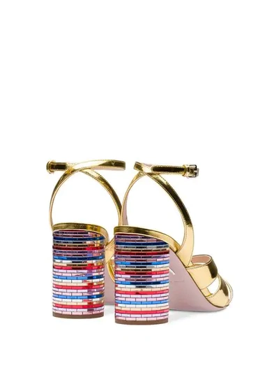 Shop Miu Miu Metallic Leather Sandals With Mosaic Heel In Gold