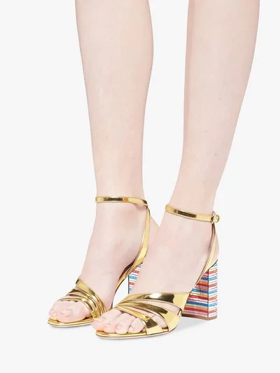 Shop Miu Miu Metallic Leather Sandals With Mosaic Heel In Gold