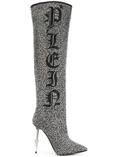 Shop Philipp Plein Crystal Studded Logo Boots In White
