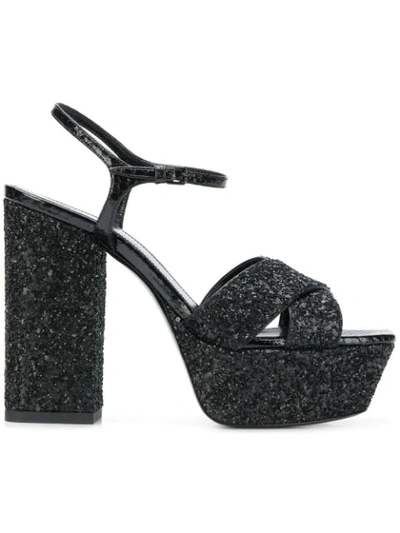Shop Saint Laurent Glitter Platform Sandals In Black