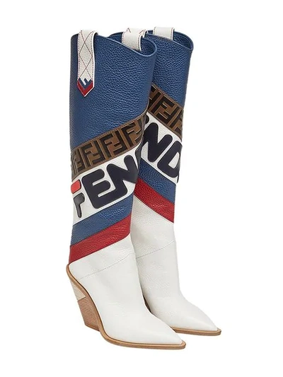 Shop Fendi Mania Pointed Toe Cowboy Boots In Blue ,white