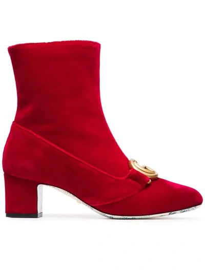 Shop Gucci Devil Red Victoire 55 Velvet Ankle Boots