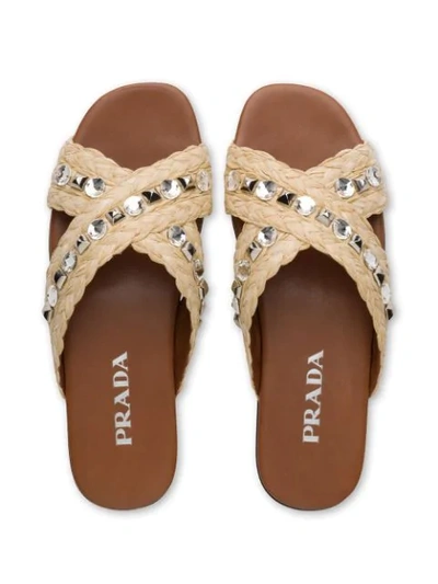 Shop Prada Embellished Raffia Slides In Neutrals