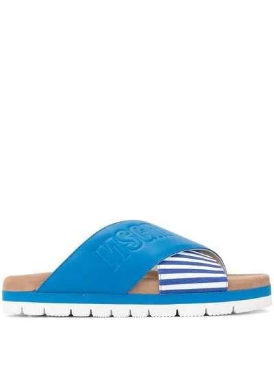 Shop Msgm Striped Cross Strap Slippers In Blue