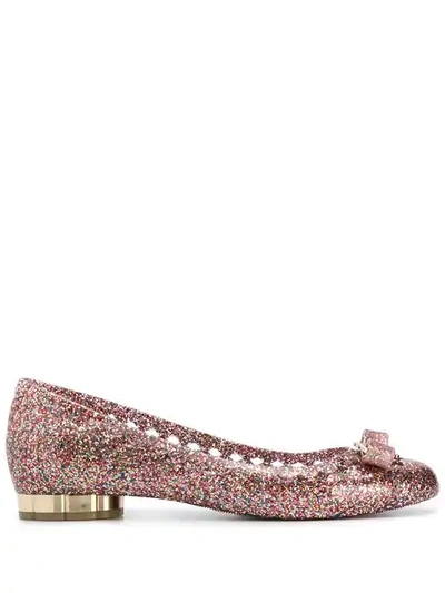 Shop Ferragamo Glitter Ballerina Shoes In Gold