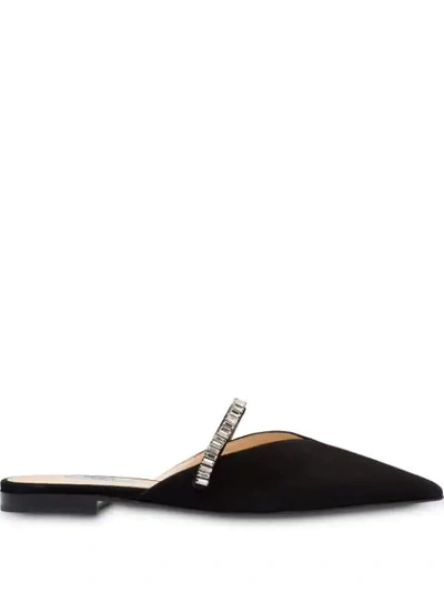 Shop Prada Flat Suede Mules With Crystals In Black