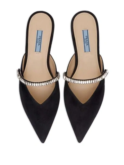 Shop Prada Flat Suede Mules With Crystals In Black