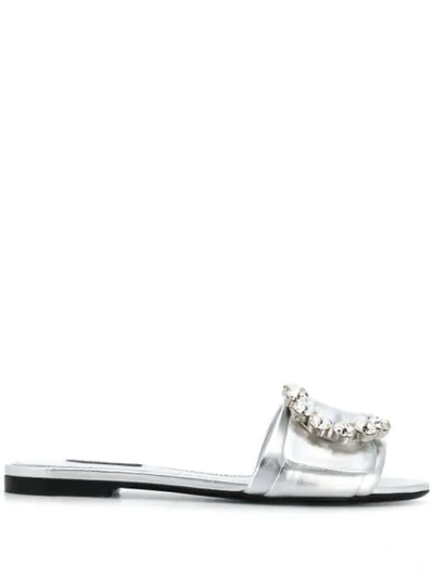 Shop Dolce & Gabbana Bianca Buckled Slides In Silver