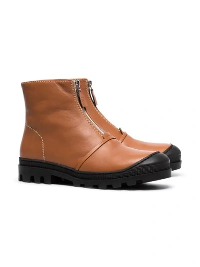 Shop Loewe Tan And Black Zip Front Leather Ankle Boots In Brown