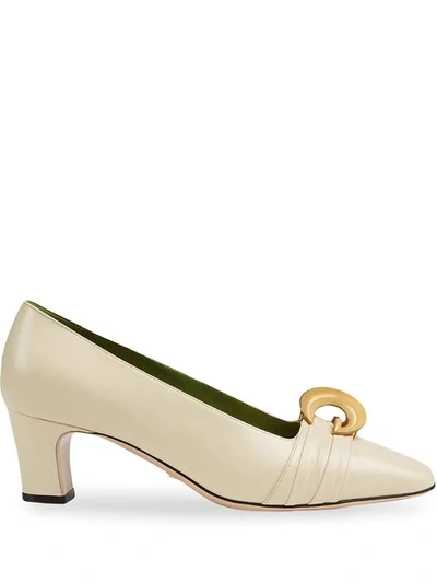 Shop Gucci Leather Mid-heel Pump With Half Moon Gg In White