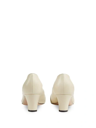 Shop Gucci Leather Mid-heel Pump With Half Moon Gg In White