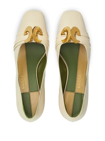 Shop Gucci Leather Mid-heel Pump With Half Moon Gg In White