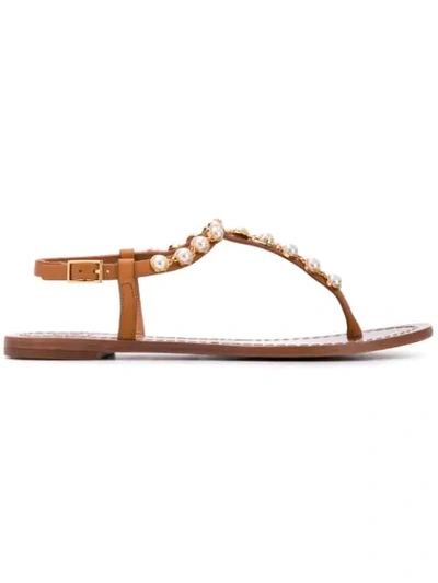 Shop Tory Burch Pearl Embellished Sandals In Brown