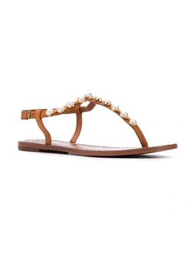 Shop Tory Burch Pearl Embellished Sandals In Brown