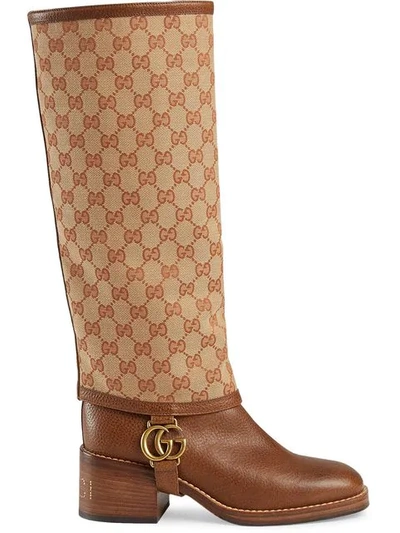 Shop Gucci Leather Boot With Gg Gaiter In Brown
