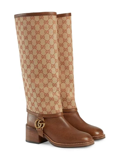 Shop Gucci Leather Boot With Gg Gaiter In Brown