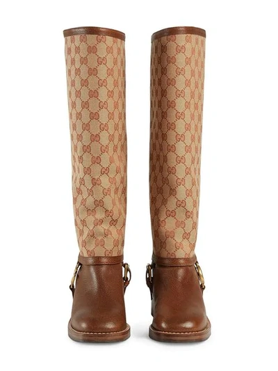 Shop Gucci Leather Boot With Gg Gaiter In Brown
