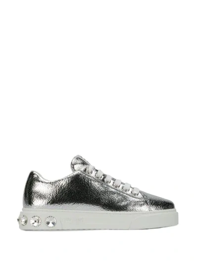 Shop Miu Miu Embellished Metallic Sneakers In Silver