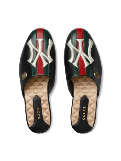 Shop Gucci Leather Slipper With Ny Yankees™ Patch In Black