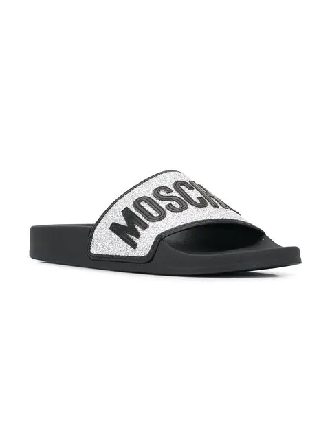 Moschino Glitter Strap Sliders In 