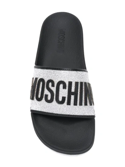 Shop Moschino Logo Glitter Slides In Metallic