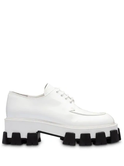 Shop Prada Contrast Derby Shoes In White