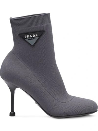 Shop Prada Logo 90 Sock Booties In Grey