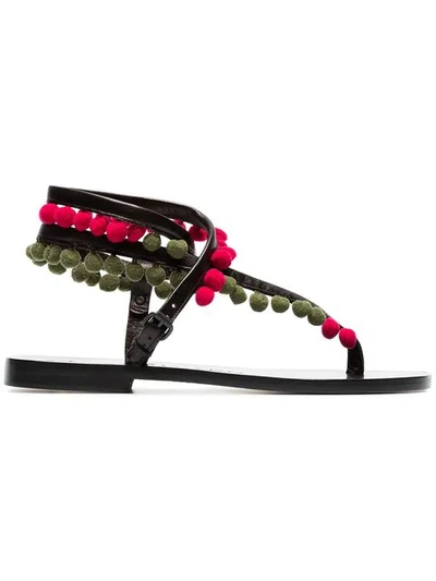 green Androna pom pom leather sandals