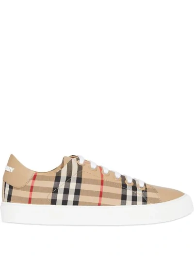 Shop Burberry Vintage Check And Leather Sneakers In Neutrals
