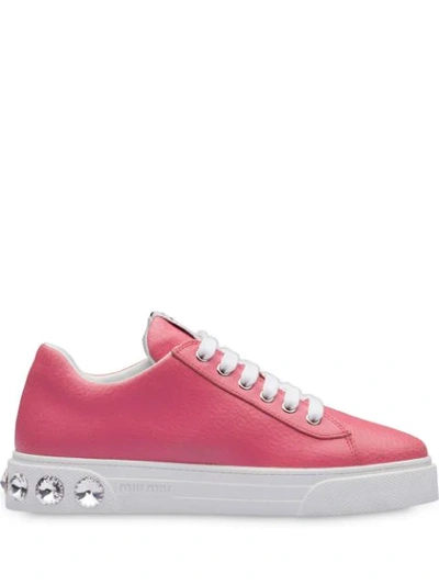 Shop Miu Miu Embellished Heel Leather Sneakers In Pink