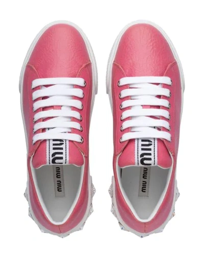 Shop Miu Miu Embellished Heel Leather Sneakers In Pink