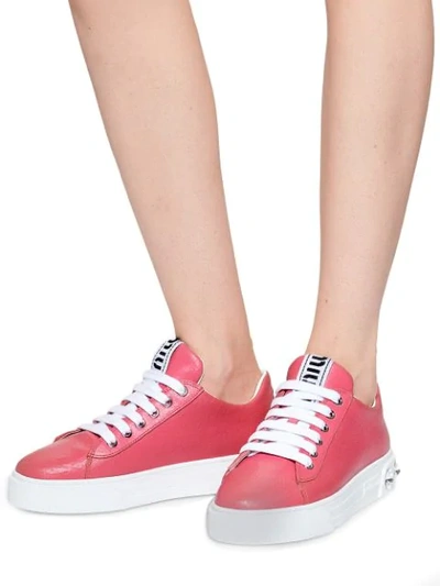 Shop Miu Miu Embellished Heel Leather Sneakers In Pink