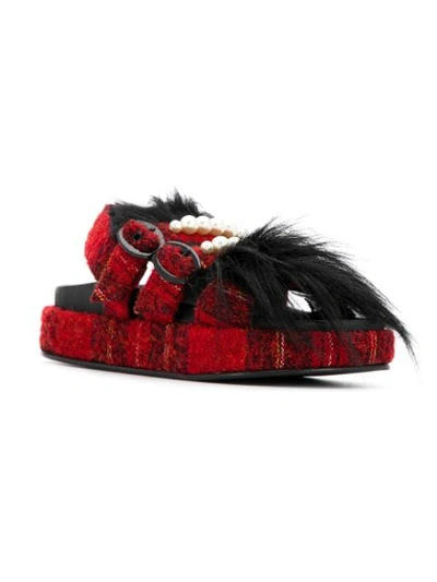 Shop Simone Rocha Tartan Beaded Fur Chunky Slides In Red