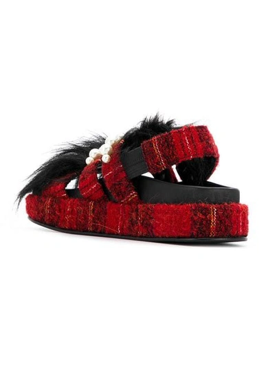 Shop Simone Rocha Tartan Beaded Fur Chunky Slides In Red