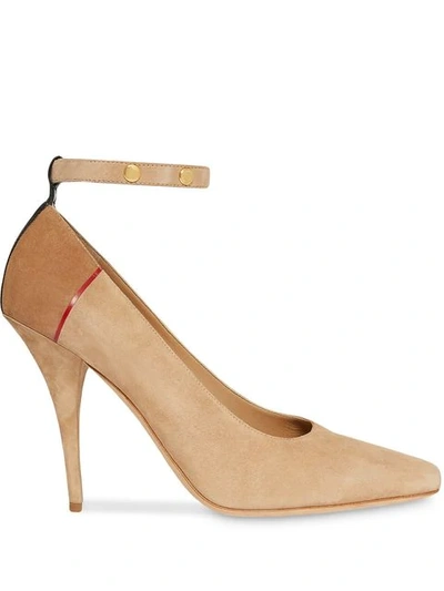 Shop Burberry Triple Stud Stripe Detail Suede Point-toe Pumps In Neutrals