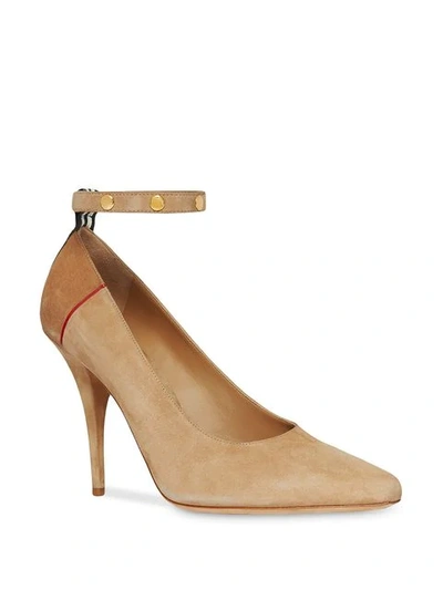 Shop Burberry Triple Stud Stripe Detail Suede Point-toe Pumps In Neutrals