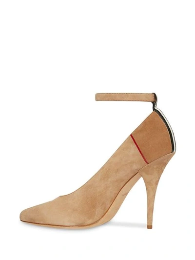 Shop Burberry Triple Stud Stripe Detail Suede Point-toe Pumps In Neutrals