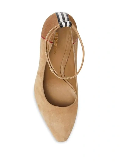 Shop Burberry Triple Stud Stripe Detail Suede Point-toe Pumps In Neutrals