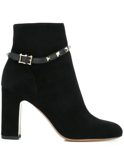 Valentino Rockstud Suede Block-heel Booties, Black In Black