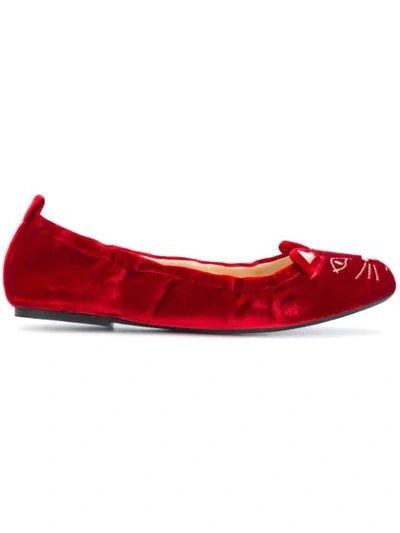 Shop Charlotte Olympia Kitten Embroided Ballerina Shoes F - Red