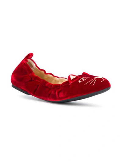 Shop Charlotte Olympia Kitten Embroided Ballerina Shoes F - Red