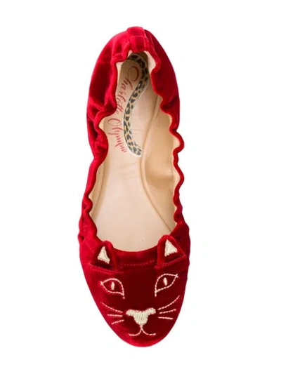 Shop Charlotte Olympia Kitten Embroided Ballerina Shoes F - Red