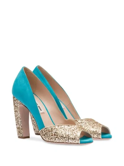 Shop Miu Miu Glitter Peep Toe Pumps In Gold