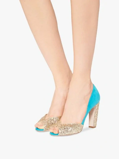 Shop Miu Miu Glitter Peep Toe Pumps In Gold