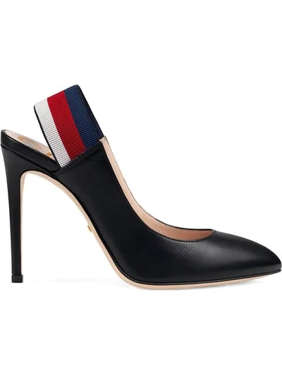 Shop Gucci Leather Web Slingback Pumps In Black