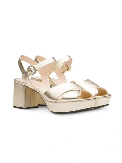 Shop Prada Pearly Laminated Leather Sandals In Gold