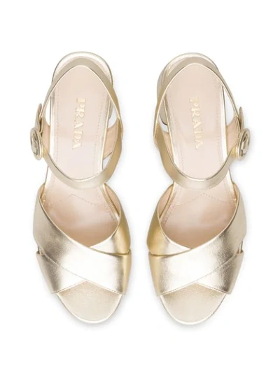 Shop Prada Pearly Laminated Leather Sandals In Gold
