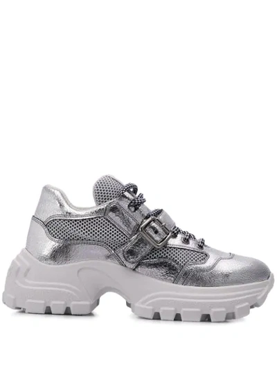 Shop Miu Miu Buckle Strap Chunky Sneakers In Silver