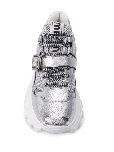 Shop Miu Miu Buckle Strap Chunky Sneakers In Silver