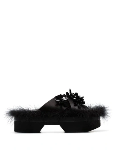 Shop Simone Rocha Black 45 Feather-trimmed Floral-embellished Flatform Sandals